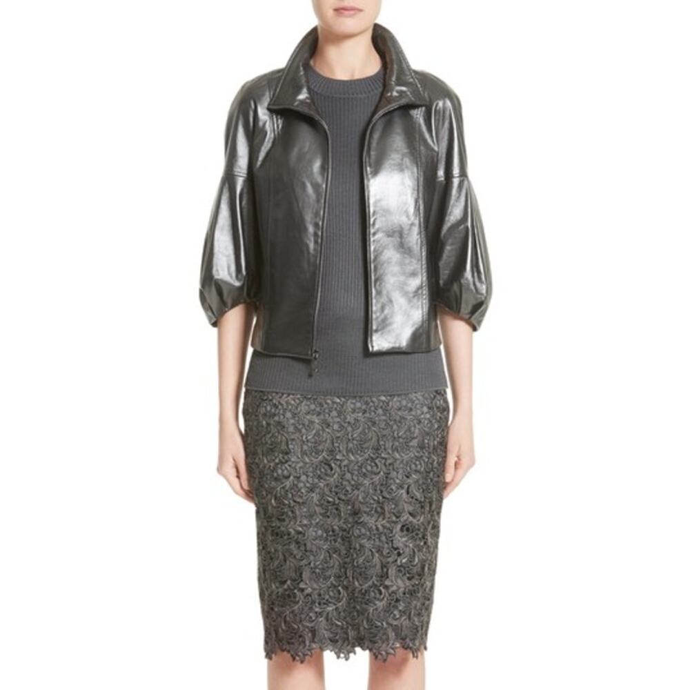 St‎ John Leather Jacket Womens Large Pearlized Steel Gray Quiet Luxury Old Money